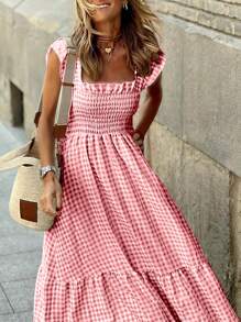 SHEIN LUNE Vestido diario simple de mujer con estampado a cuadros - Rojo - Ver 7