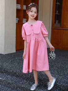 女孩编织深粉色海军蓝领前开口纽扣泡泡袖松紧腰拼接 A 字裙适合度假和郊游，夏季母女搭配服装（2 件单独出售） - 珊瑚粉 - 查看 7