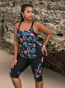 Swim SPRTY Plus Size Summer Tropical Print Patchwork Tankini Set For Beach - Black - View 6