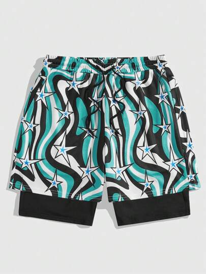 Prep Shorts de plage décontractés à taille à cordon de serrage pour homme, larges rayures avec impression d'étoiles et de vagues
