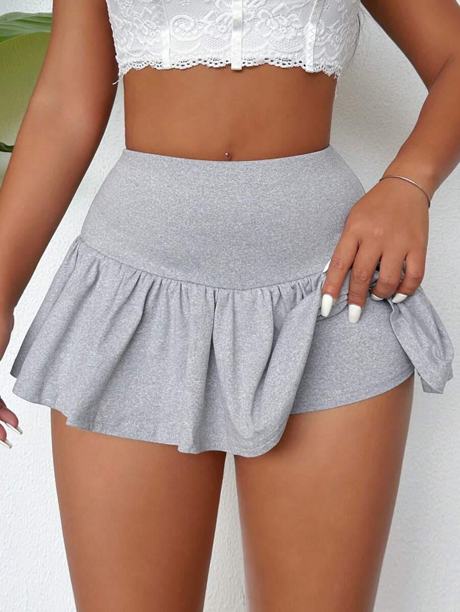 VaVaBold SXY 翻腰褶皱蛋糕裙裤女减龄俏皮基本款短裙超短裙裤夏季短裤街头运动 - 淺灰色 - 查看 1