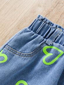 SHEIN Young Girl Cute & Open Shoulder Ribbed Tank Top + Heart Printed Denim Shorts Outfit Set, Summer, School, Campus, College - Green - View 7