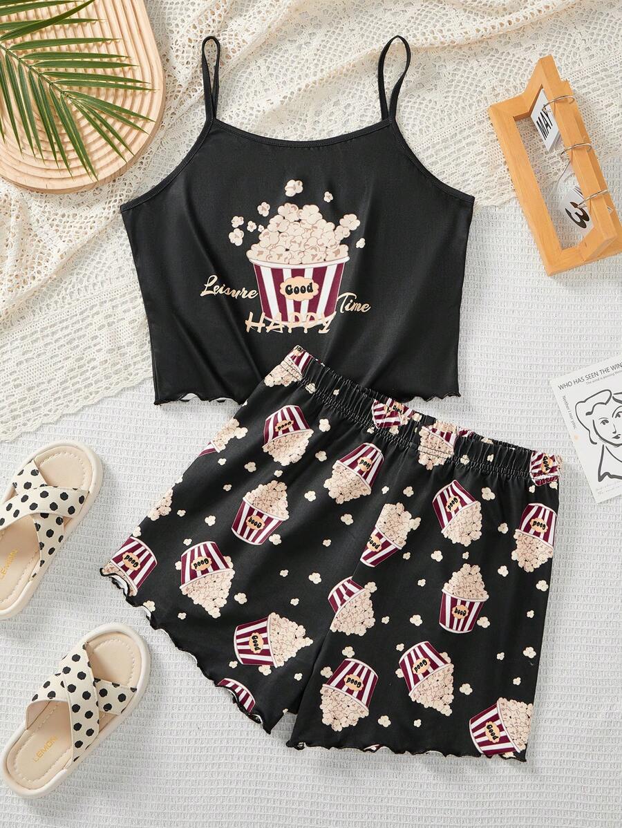 SHEIN Teen Girl Cute And Simple Popcorn Patterned Tank Top And Shorts Knitted Flame Retardant Home Sleepwear Set, Summer - Multicolor - View 1