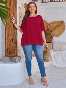 EMERY ROSE Plus Size Women's Summer Fashion Solid Color Ruched Lace Trim Blouse - Burgundy - View 5