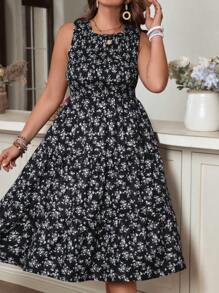 SHEIN VCAY Plus Size Vacation Black Ditsy Floral Strappy Tank Dress For Women, Summer - Black - View 2