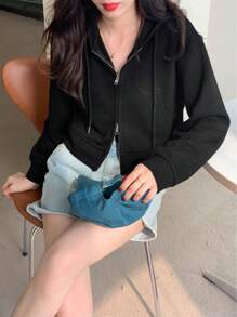 Sweatshirt Hoodie Pendek Wanita Motif Warna Polos dengan Resleting Ganda, Pakaian Luar Musim Dingin Tipis, Musim Gugur, Sweatshirt Resleting Hitam Gaya Y2K, Cocok untuk Pemakaian Sehari-hari dan Kembali ke Sekolah - Hitam - View 6