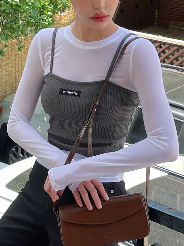 Women's 2pcs/Set Sheer Mesh Long Sleeve Top And Slim Fit Woven Label Top, With Sleeveless Camisole