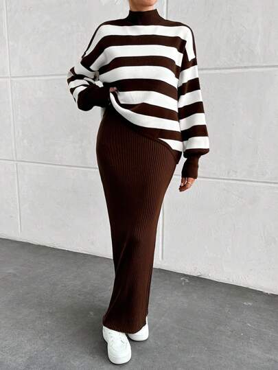 EURMUSE Striped Stand Collar Lantern Sleeve Sweater And Solid Color Sleeveless Bodycon Midi Dress 2pcs Set