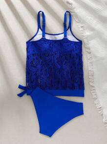 Solid Color Spaghetti Strap Tank Top And Side Tie Tankini Bottom Separates Tankini Swimwear Set, Perfect For Beach Pool Wear Summer - Royal Blue - View 2