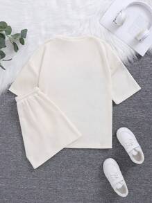SHEIN Teen Girl Solid Color Ribbed Knit Round Neck Short Sleeve T-Shirt & Graphic Print Shorts Set, Casual Everyday Wear