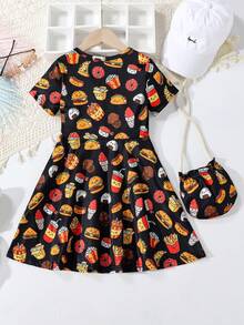 Vestido cómodo de manga corta con estampado de patatas fritas y hamburguesa de dibujos animados para niña joven junto con bolsa, adecuado para salidas y vacaciones de verano - Negro - Ver 2