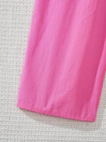 Young Girl Woven Solid Color Square Neck Ruffle Trim Loose Elegant Jumpsuit - Hot Pink - View 4