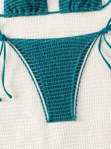 Swim Vcay 女士夏季海灘單色中空露背領帶性感比基尼套裝 - 水鴨藍 - 查看 3