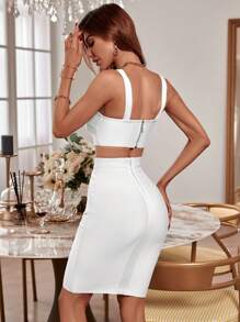 Women's Fashionable Summer Sexy Elegant Spaghetti Strap Crop Top And Mini Skirt Two Pieces Set, White Wedding/Cocktail Party Dress Suit - White - View 2