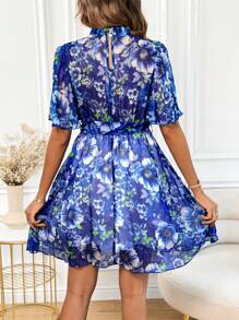 SHEIN Clasi Abito stampato floreale blu per donne in stile Bridgerton - Blu - Visualizzare 2