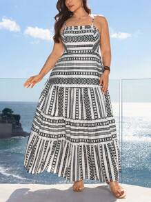 SHEIN Frenchy Plus Size Vacation Striped Splice Long Tank Dress - Black and White - View 5