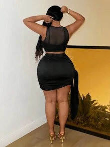 Maweii Ensemble de haut court et jupe froncée à taille cravate pour femme grande taille en maille pour l'été - Noir - Voir 2