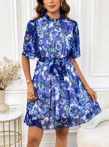 SHEIN Clasi Abito stampato floreale blu per donne in stile Bridgerton - Blu - Visualizzare 3