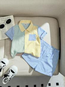 SHEIN Conjunto de cárdigan de manga corta con solapa de bolsillo con parche decorado con bloques de colores y pantalones cortos para bebé niño