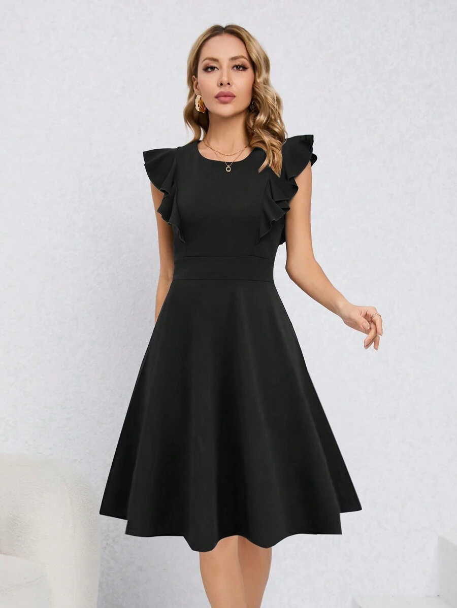 HOMEYEE Retro Sleeveless Flared A-Line Business Dress With Round Neck And Ruffle Trim - Black - View 1