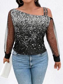 SHEIN Clasi Plus Size Women Summer Printed Mesh Contrast Asymmetric Collar Elegant Top With Long Sleeves