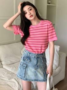 DAZY 女款夏季條紋和印花圓領短袖休閒T恤 - 粉色 - 查看 4