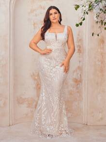 SHEIN Belle 大码优雅简约白色蕾丝方领婚纱，配有腰带、拖尾和轻微美人鱼轮廓新娘礼服 - 白色 - 查看 3