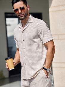 GENTILAND Men's Regular Fit Woven Striped Short Sleeve Shirt With Mandarin Collar, Suitable For Daily Wear In Spring And Summer - Multicolor - View 4