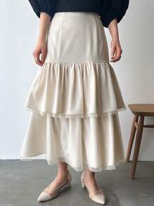 FRIFUL Women's Solid Color Casual Ruffle Hem Skirt - Apricot - View 4