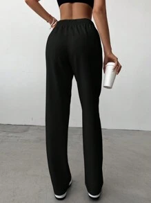 EURMUSE Solid Drawstring Waist Straight Leg Sweatpants - Black - View 2