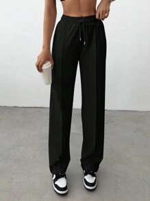 EURMUSE Solid Drawstring Waist Straight Leg Sweatpants - Black - View 5