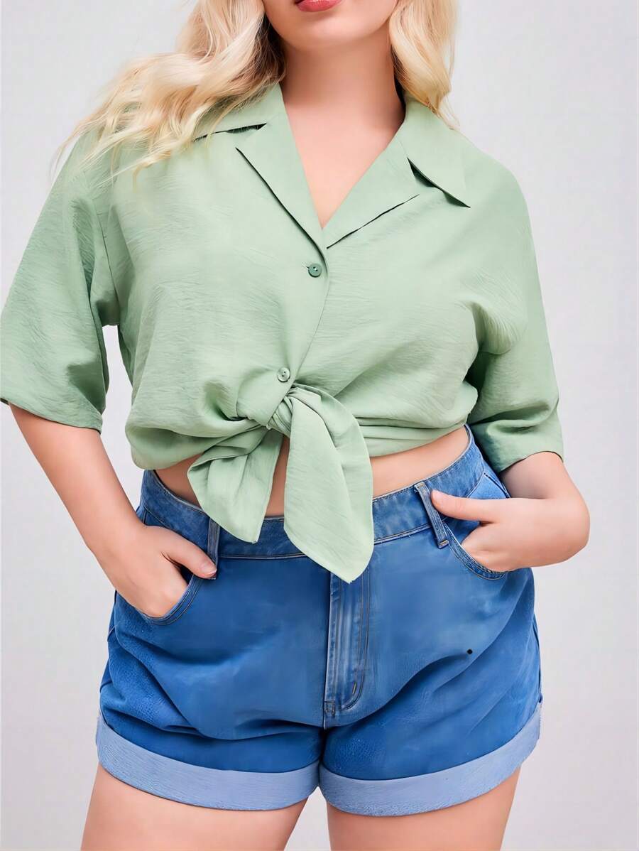 INAWLY Plus Size Summer Casual Solid Color Short Sleeve Shirt - Yellow - View 1