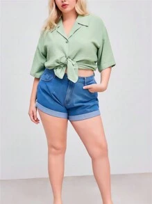 INAWLY Plus Size Summer Casual Solid Color Short Sleeve Shirt - Yellow - View 3