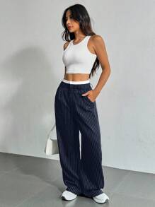 SHEIN EZwear Geplooide, gestreepte damespantalon met wijde pijpen en kleurbloktailleband