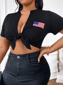 Flirla Large Women's Knitted Cross Twisted T-Shirt - Black - View 4