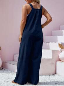 Plus Size Fall&Winter Casual Solid Color Wide Leg Bib Overall Jumpsuit
