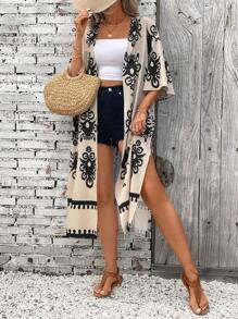 SHEIN LUNE Damska koszulka z ochroną przeciwsłoneczną i nadrukiem na letnie wakacje na plaży, długa czarna z szalowymi rękawami - Morela - Zobacz 6