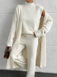 EURMUSE Solid Color Minimalist Waffle Knit Ribbed Three-Piece Set - Beige - View 4