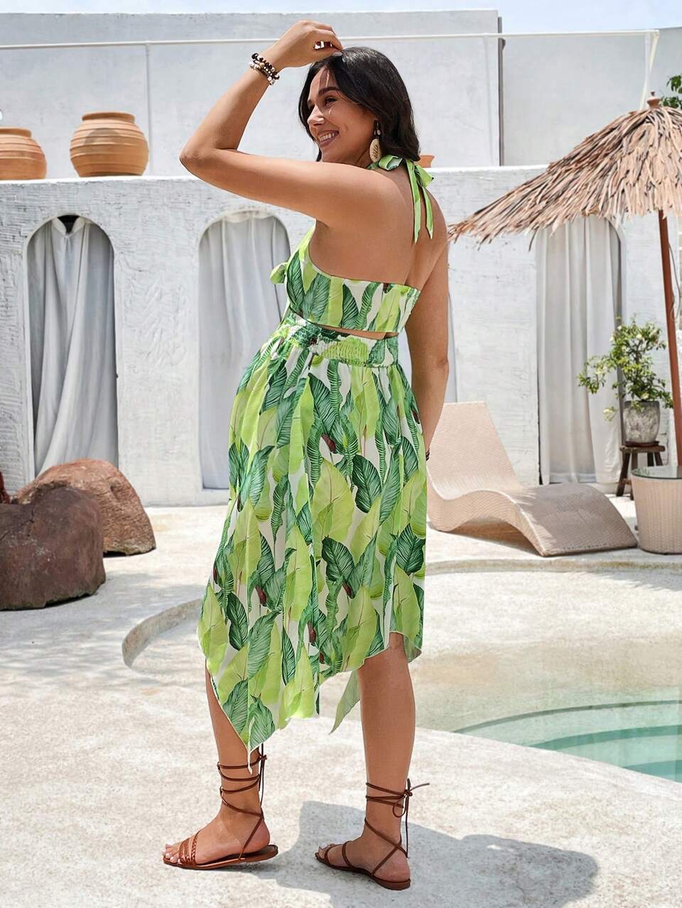 Maternity Island Vacation Halter Neck Top & Asymmetrical Hem Midi Skirt 2pcs Set