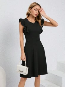 HOMEYEE Retro Sleeveless Flared A-Line Business Dress With Round Neck And Ruffle Trim - Black - View 5