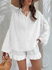 EURMUSE Cotton Women Blouses With Tassels & Shorts With Ruffles - White - View 3