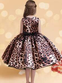 Tween Girl Leopard Print Sleeveless Party Dress With Flared Skirt - Coffee - View 2