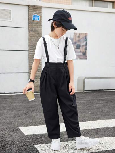 SHEIN Tween Boy Casual Solid Color Pleated Overalls