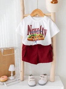 SHEIN Baby Boy Or Baby Girl Cartoon Animal Pattern Soft Knit Round Neck Short Sleeve Top And Solid Color Shorts 2pcs/Set