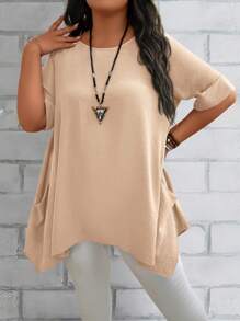 EMERY ROSE Camisas flojas para mamá de talla grande para mujer con cuello redondo azul de verano, manga corta y doble bolsillo - Albaricoque - Ver 6