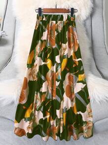 Women's Floral Print Elastic Waist Casual Summer Skirt - Army Green - View 2