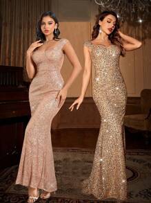 SHEIN Belle Váy sequin viền đuôi cá có khóa kéo phía sau, trang trọng thanh lịch, dự tiệc tối trang trọng, dự tiệc tốt nghiệp, tiệc tối cho tiệc ngày lễ - Rượu sâm banh - Xem 3