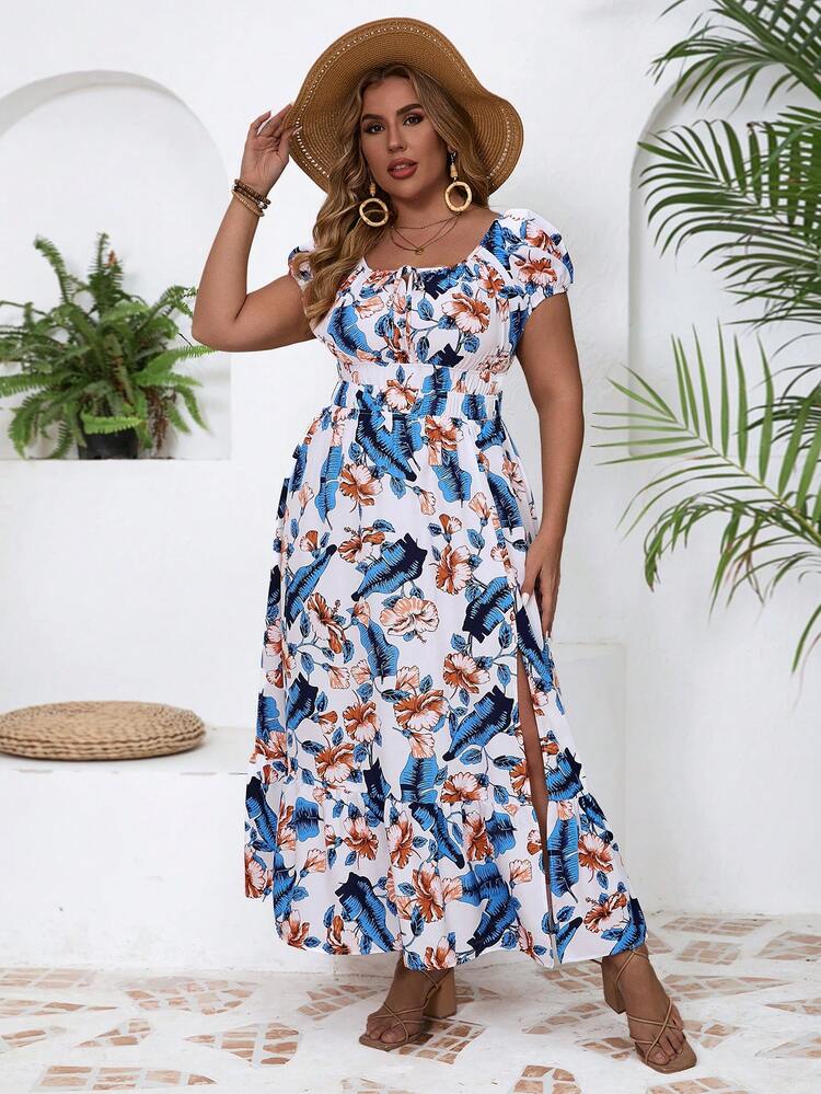 Plus-Size Women's Stylish Printed Waist-Cinching Long Vacation-Style Dress