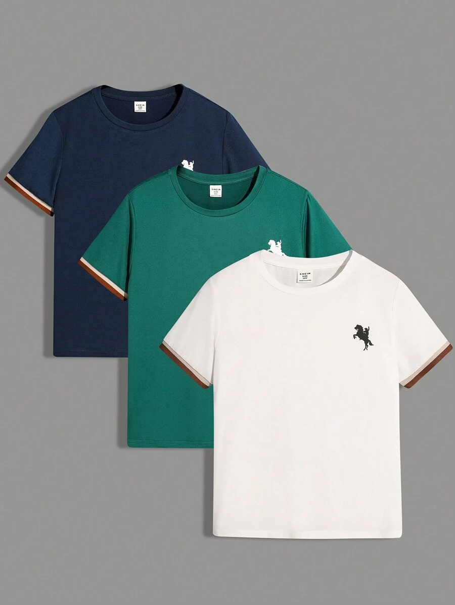 SHEIN Tween Boy 3pcs Casual-Fit Casual Round Neck Patterned Short Sleeve T-Shirts