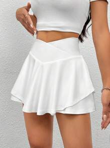 SHEIN PETITE 運動基本v字腰泳裙打底褲 - 白色 - 查看 3